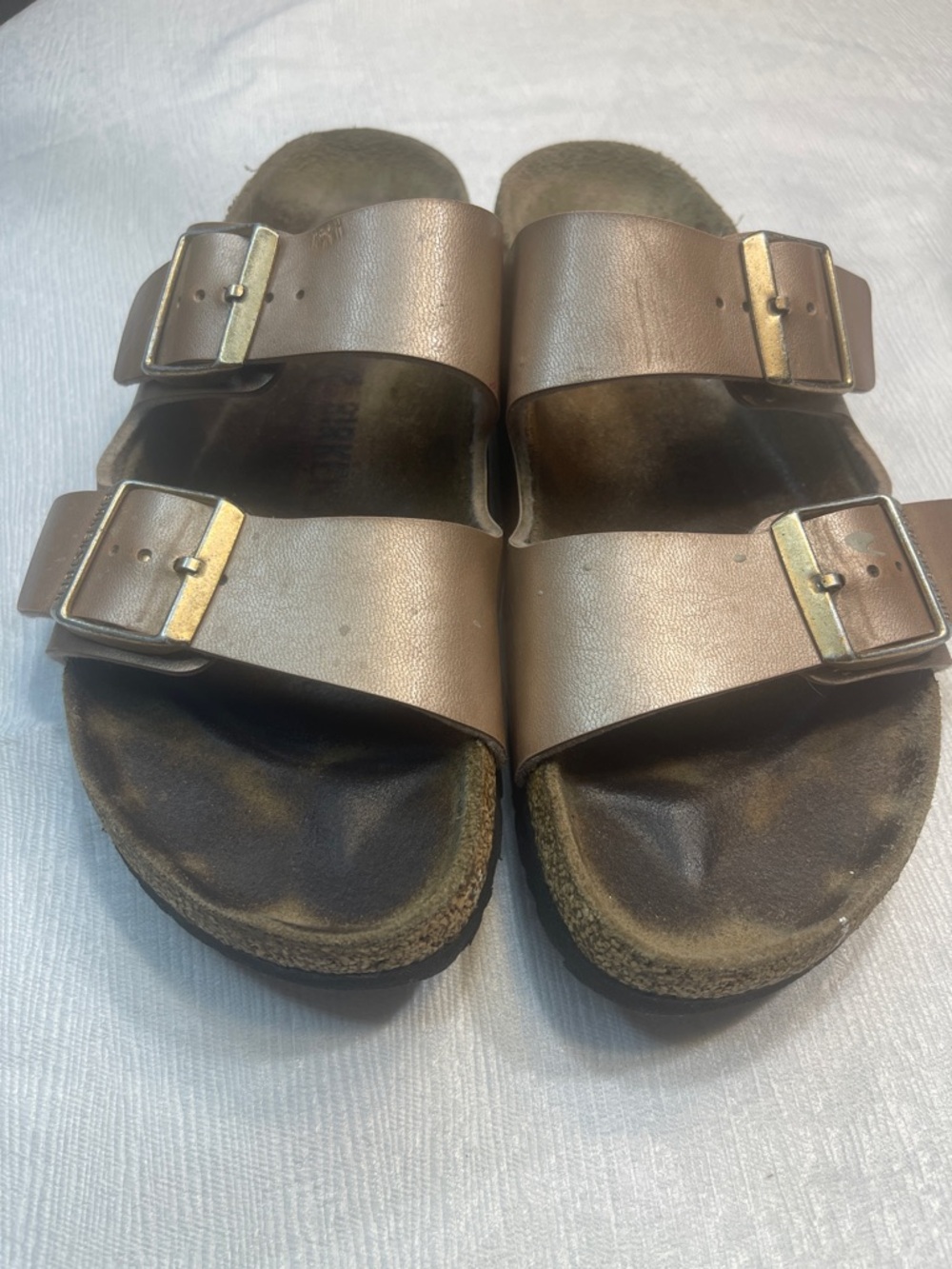 Birkenstock Metallic Rose Gold Two-Strap Sandals
